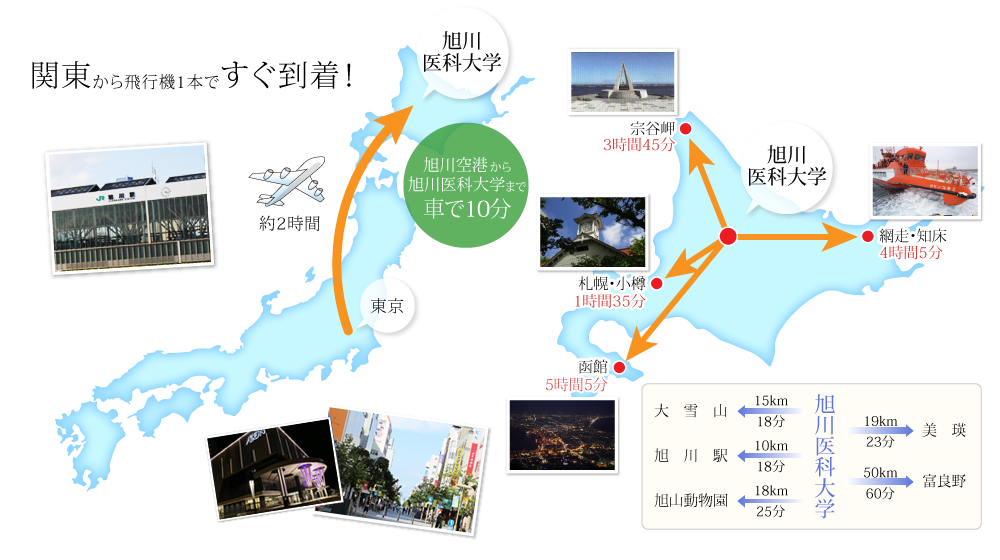 関東から飛行機1本(2時間)ですぐ到着! 旭川空港から旭川医科大学まで車で10分