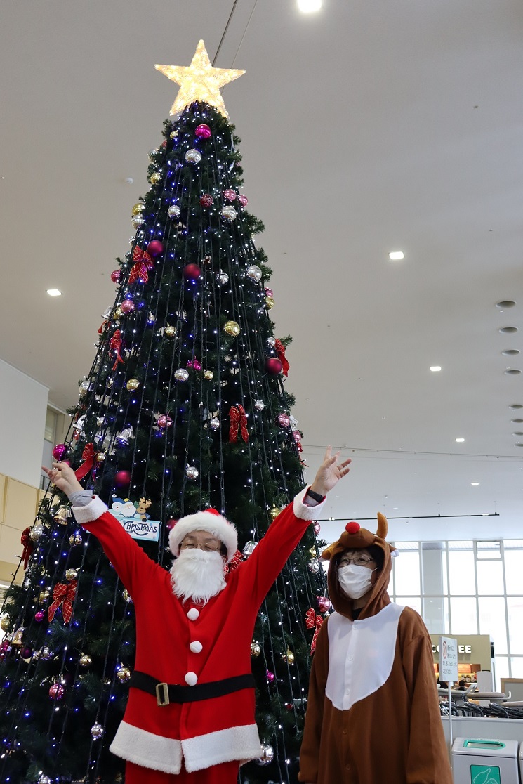 病院玄関のクリスマスツリー前で